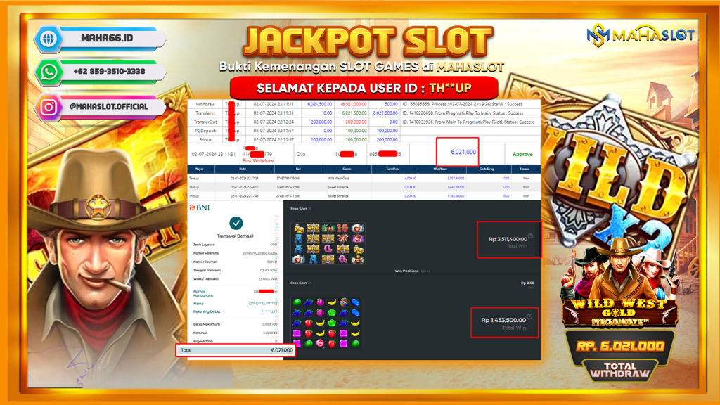 MAHASLOT JACKPOT SLOT WILD WEST GOLD Rp. 6.021.000,- LUNAS