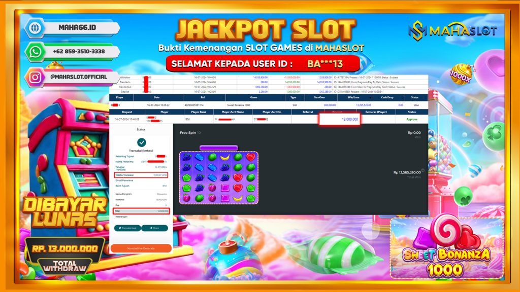 MAHASLOT JACKPOT SLOT SWEET BONANZA X1000 Rp. 13.000.000,- LUNAS