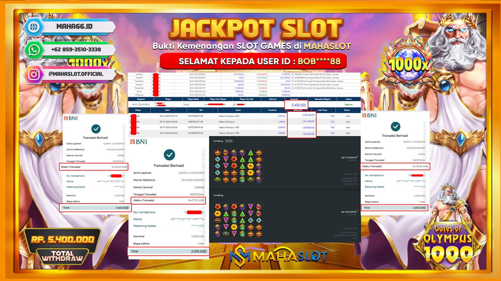 MAHASLOT JACKPOT SLOT GATES OF OLYMPUS X1000 Rp. 5.400.000,- LUNAS