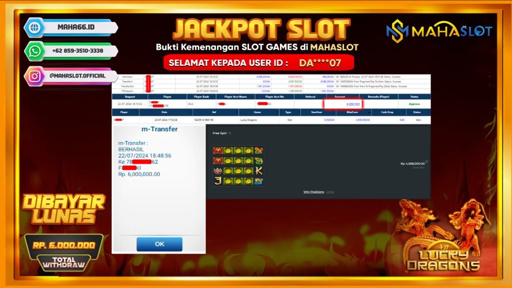 MAHASLOT JACKPOT SLOT LUCKY DRAGON Rp. 6.000.000,- LUNAS