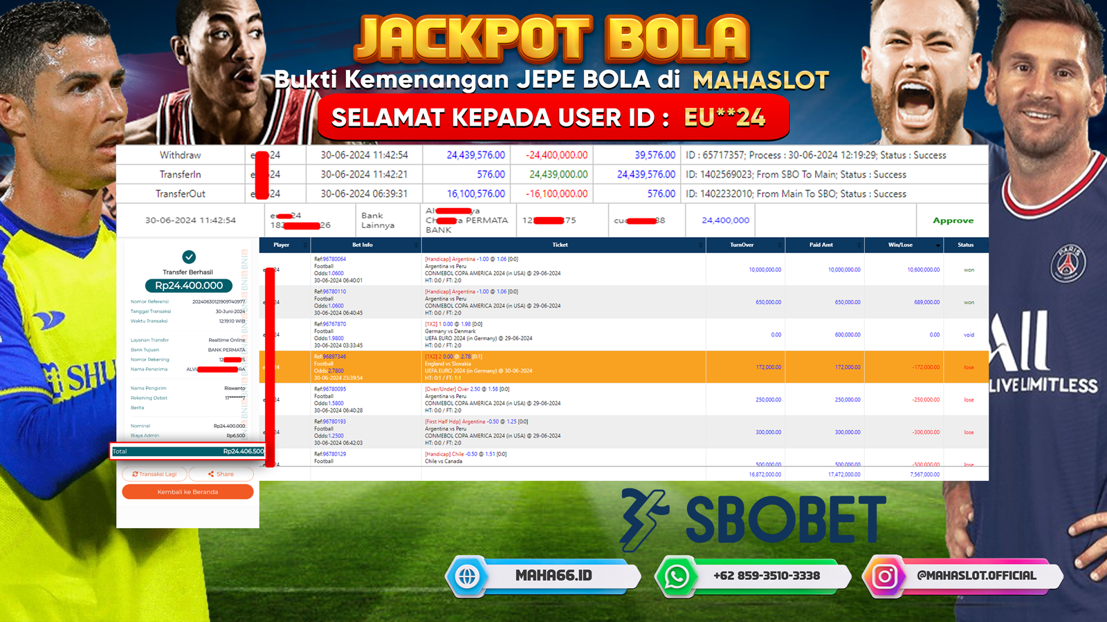 MAHASLOT JACKPOT BOLA SBOBET Rp. 24.400.000,- LUNAS