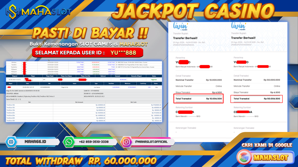 MAHASLOT JACKPOT CASINO MEGA SIC BO Rp. 60.000.000,- LUNAS