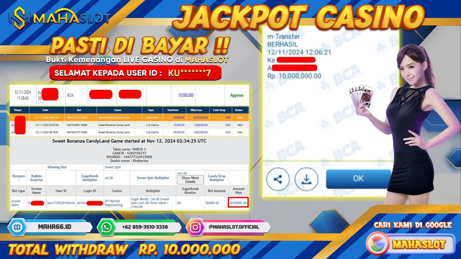 MAHASLOT JACKPOT LIVE CASINO SWEET BONANZA CANDY LAND GAME Rp. 10.000.000,- LUNAS