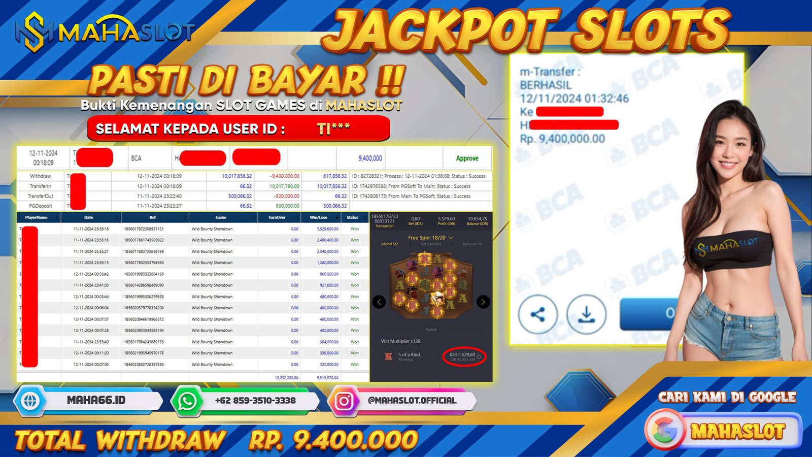 MAHASLOT JACKPOT SLOT WILD BOUNTY SHOWDOWN Rp. 9.400.000,- LUNAS