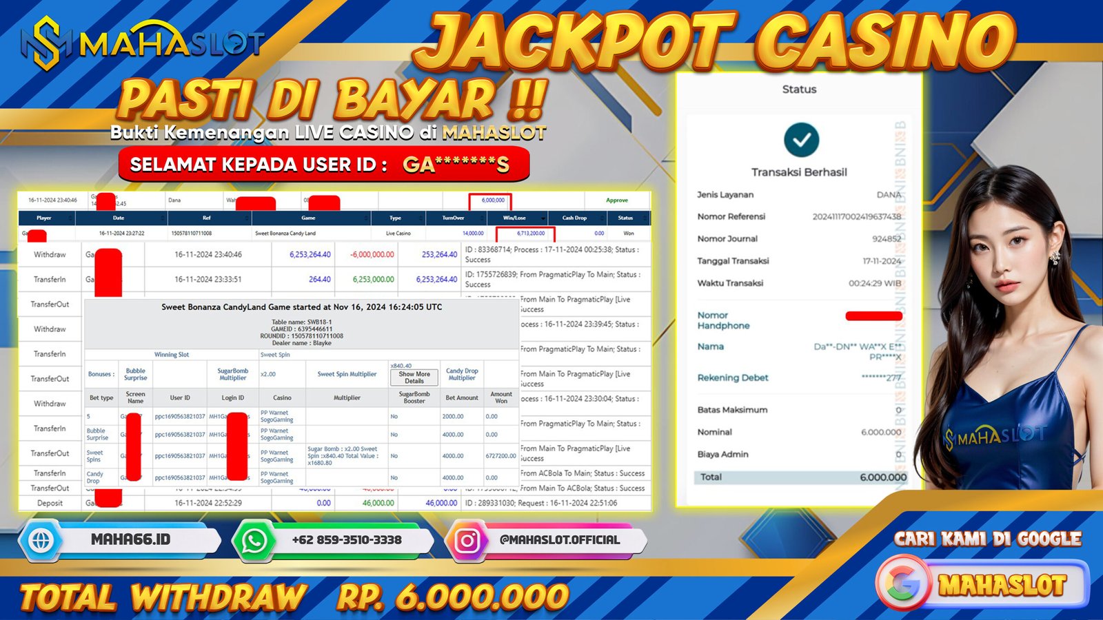 MAHASLOT JACKPOT LIVE CASINO SWEET BONANZA CANDY LAND Rp. 6.000.000,- LUNAS