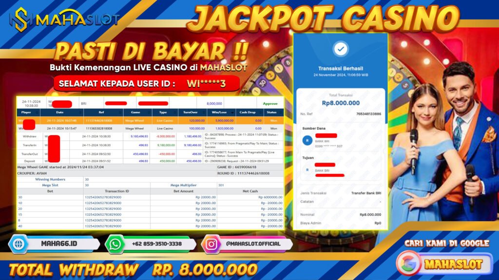 MAHASLOT JACKPOT LIVE CASINO MEGA WHEEL Rp. 8.000.000,- LUNAS