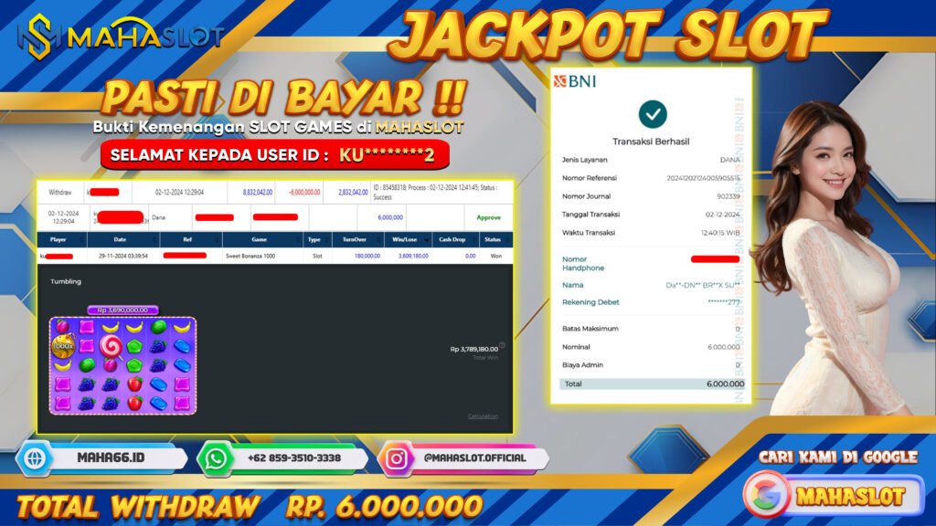 MAHASLOT JACKPOT SLOT GAMES SWEET BONANZA 1000 Rp. 6.000.000,- LUNAS